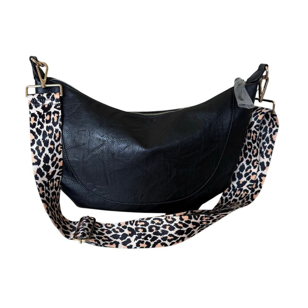 Threaded Pear Crossbody Blackl Vegan Leather Bag w Leopard Strap NWT